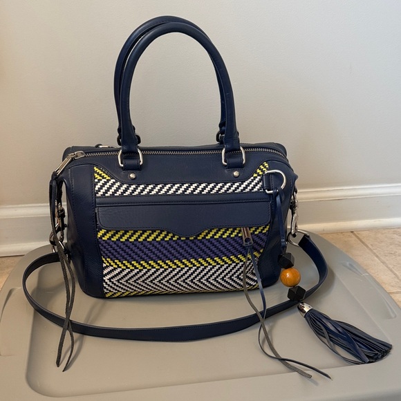 Rebecca Minkoff Handbags - Rebecca Minkoff Navy Leather Satchel w/ Woven Panel & Tassel | Crossbody Bag